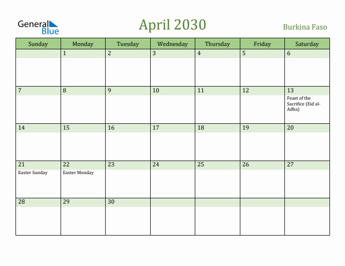 April 2030 Calendar with Burkina Faso Holidays