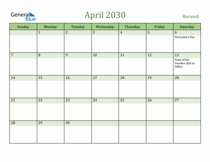 April 2030 Calendar with Burundi Holidays