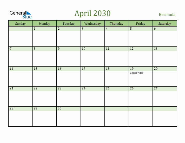 April 2030 Calendar with Bermuda Holidays