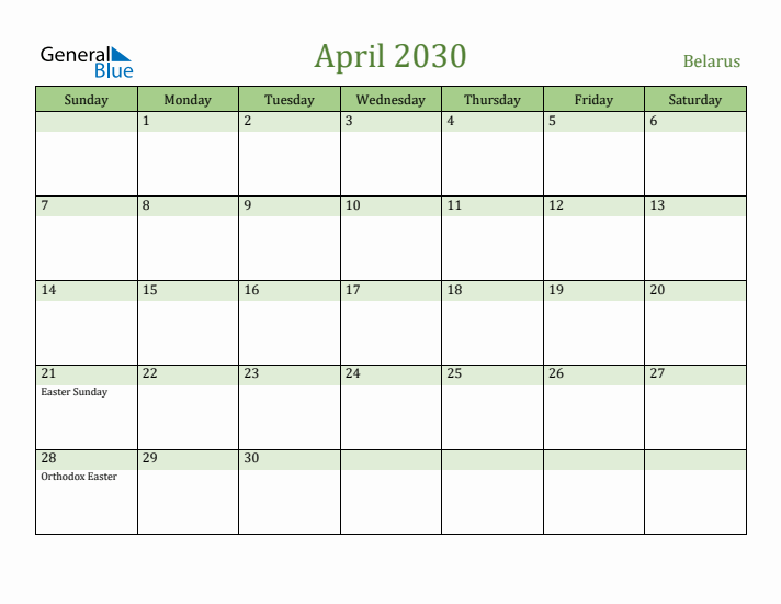 April 2030 Calendar with Belarus Holidays