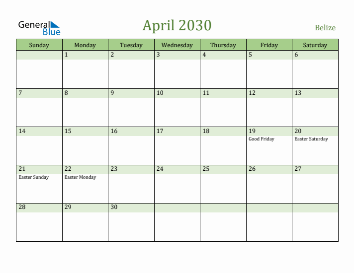 April 2030 Calendar with Belize Holidays