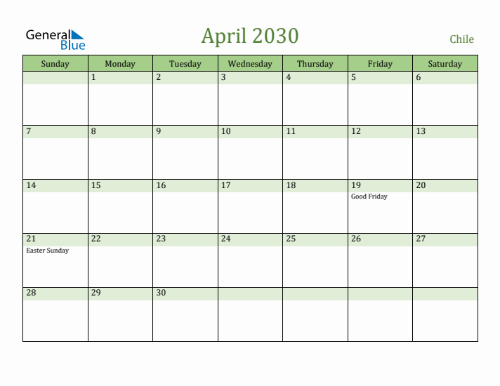 April 2030 Calendar with Chile Holidays