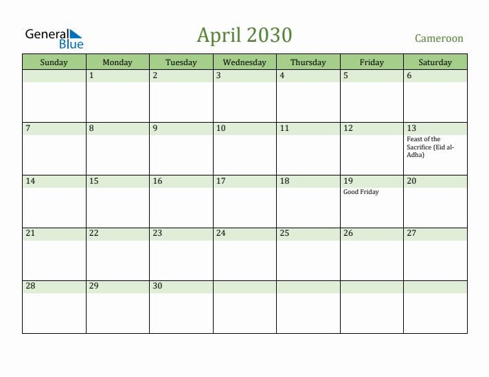April 2030 Calendar with Cameroon Holidays