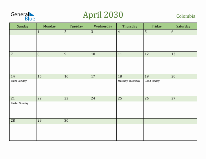 April 2030 Calendar with Colombia Holidays
