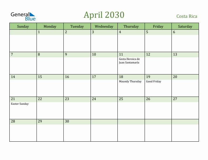 April 2030 Calendar with Costa Rica Holidays