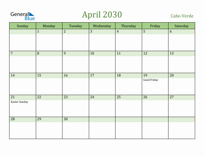 April 2030 Calendar with Cabo Verde Holidays