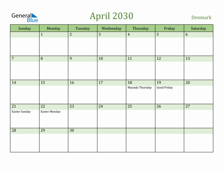 April 2030 Calendar with Denmark Holidays