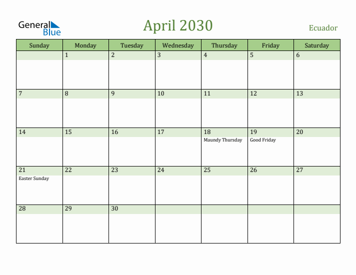 April 2030 Calendar with Ecuador Holidays