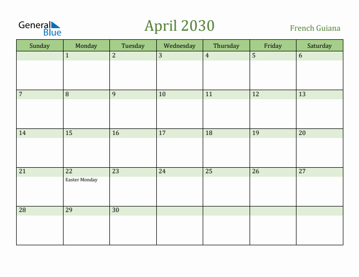 April 2030 Calendar with French Guiana Holidays