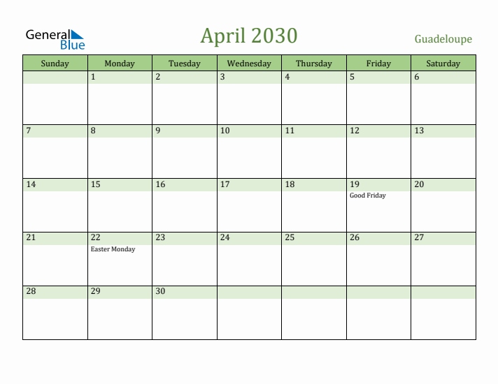 April 2030 Calendar with Guadeloupe Holidays