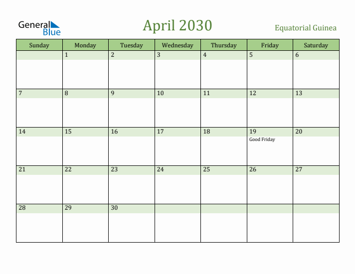 April 2030 Calendar with Equatorial Guinea Holidays
