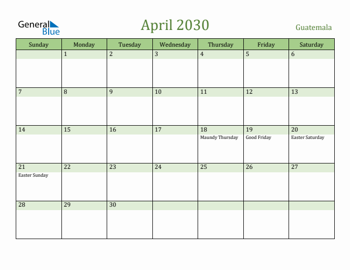 April 2030 Calendar with Guatemala Holidays