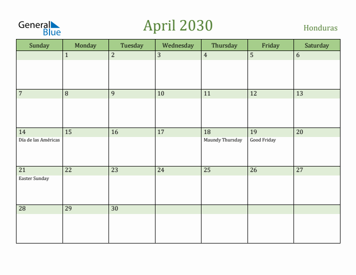 April 2030 Calendar with Honduras Holidays