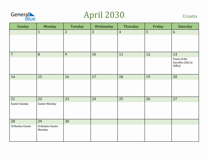 April 2030 Calendar with Croatia Holidays