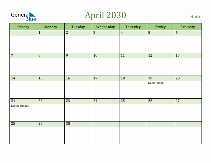 April 2030 Calendar with Haiti Holidays