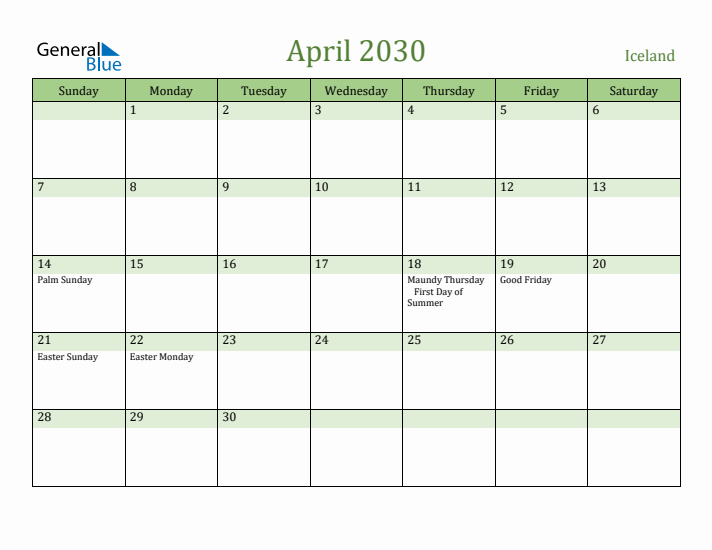 April 2030 Calendar with Iceland Holidays