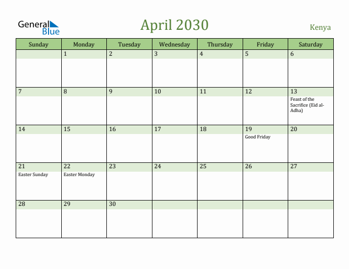 April 2030 Calendar with Kenya Holidays