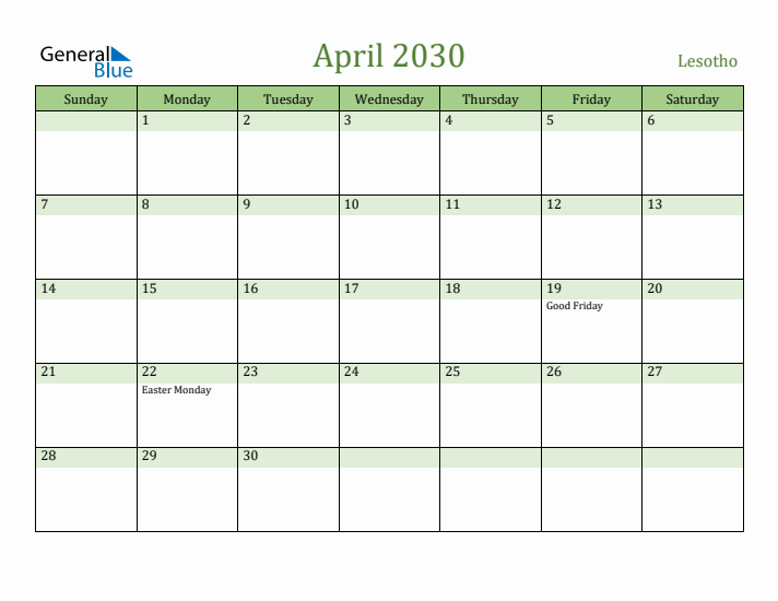 April 2030 Calendar with Lesotho Holidays