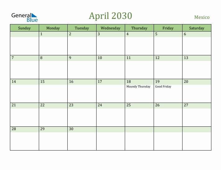 April 2030 Calendar with Mexico Holidays