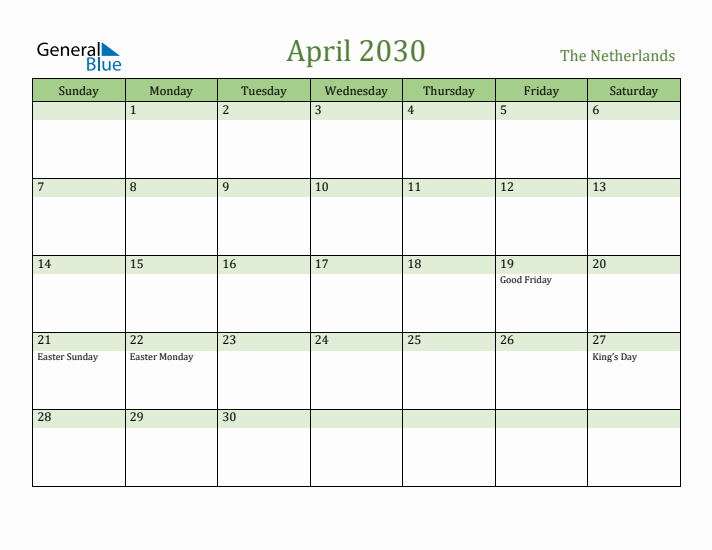 April 2030 Calendar with The Netherlands Holidays