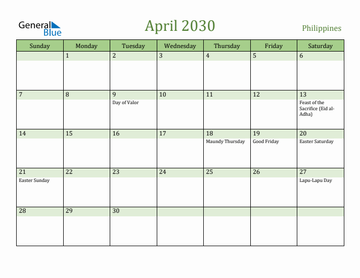 April 2030 Calendar with Philippines Holidays