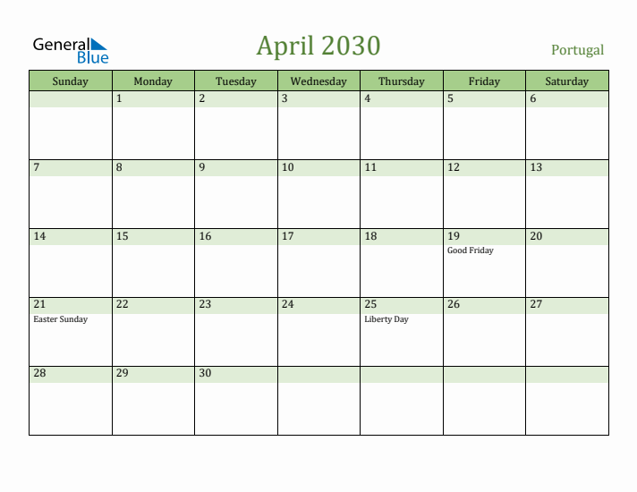 April 2030 Calendar with Portugal Holidays