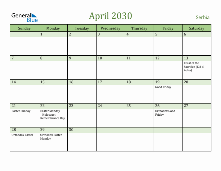 April 2030 Calendar with Serbia Holidays