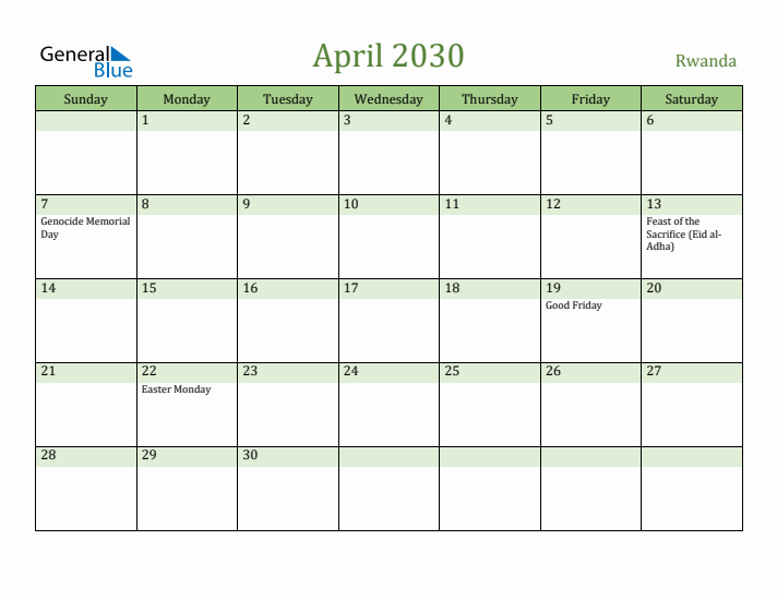 April 2030 Calendar with Rwanda Holidays