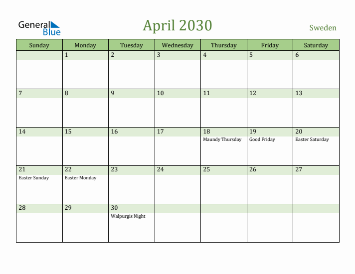 April 2030 Calendar with Sweden Holidays