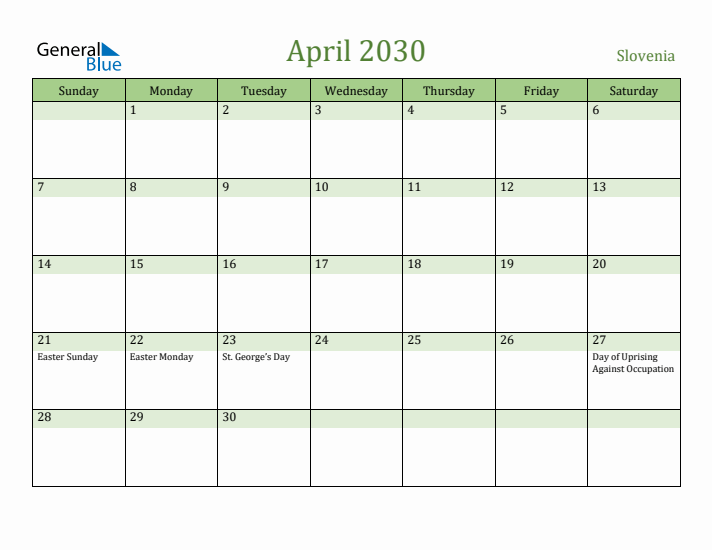 April 2030 Calendar with Slovenia Holidays