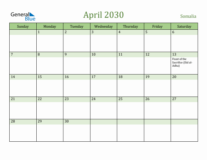 April 2030 Calendar with Somalia Holidays
