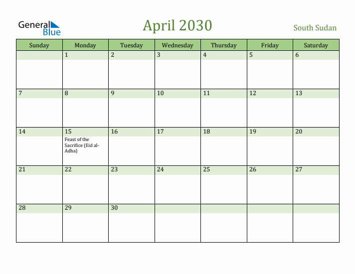 April 2030 Calendar with South Sudan Holidays