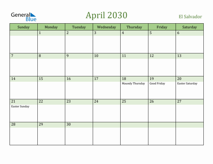April 2030 Calendar with El Salvador Holidays