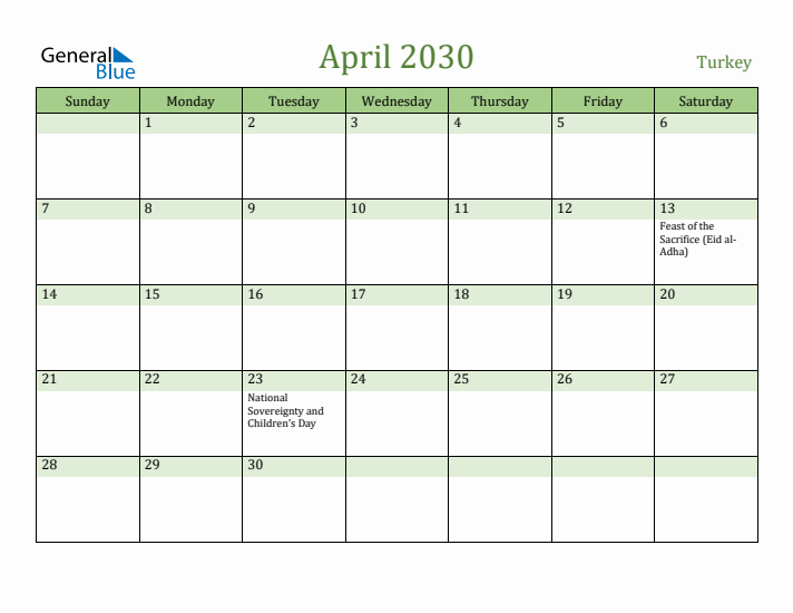 April 2030 Calendar with Turkey Holidays