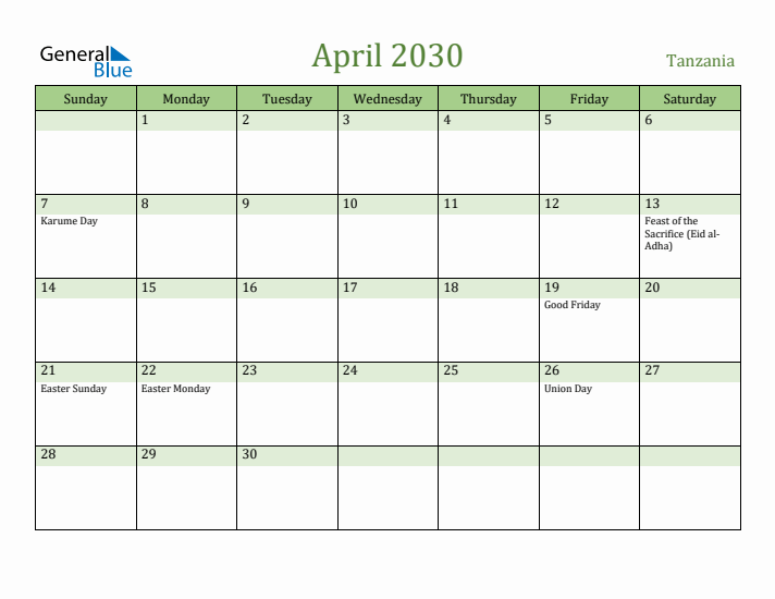 April 2030 Calendar with Tanzania Holidays