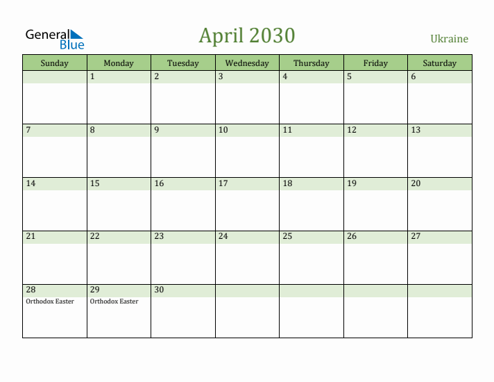 April 2030 Calendar with Ukraine Holidays