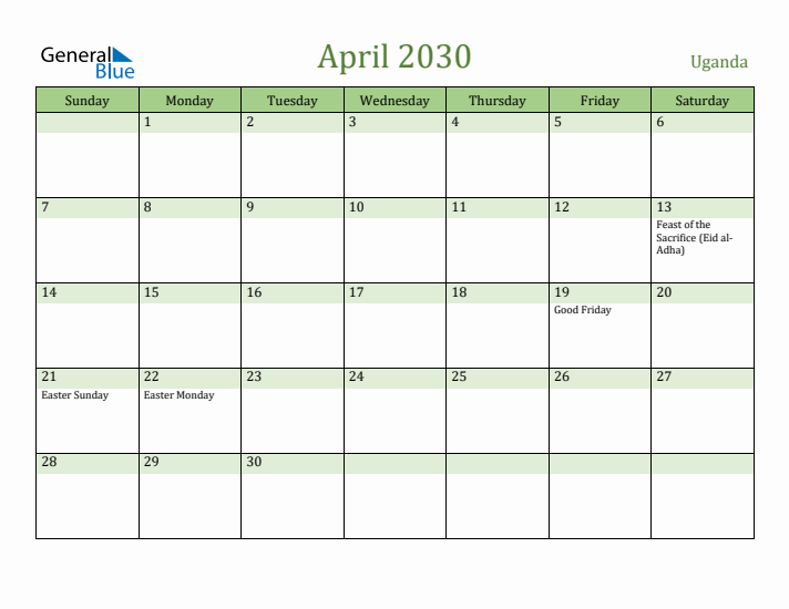 April 2030 Calendar with Uganda Holidays