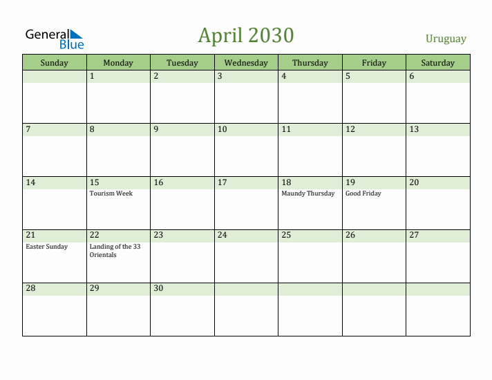 April 2030 Calendar with Uruguay Holidays