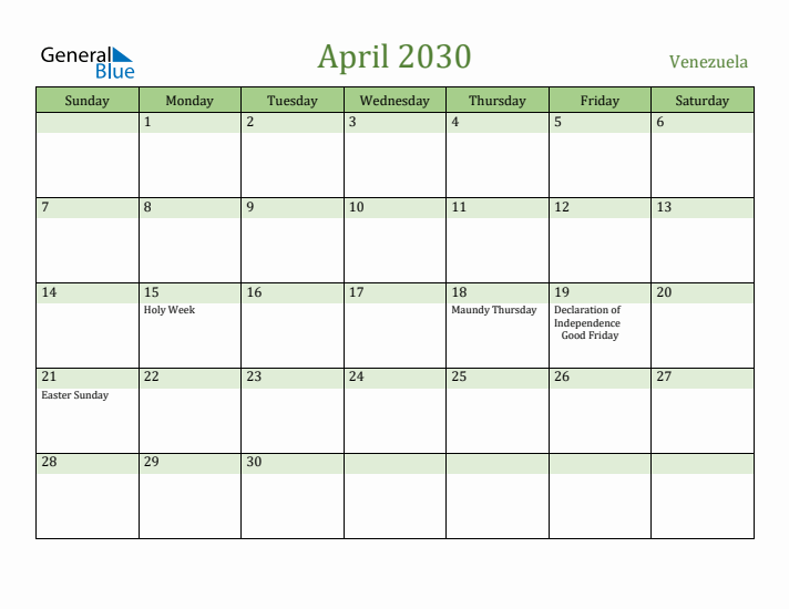 April 2030 Calendar with Venezuela Holidays