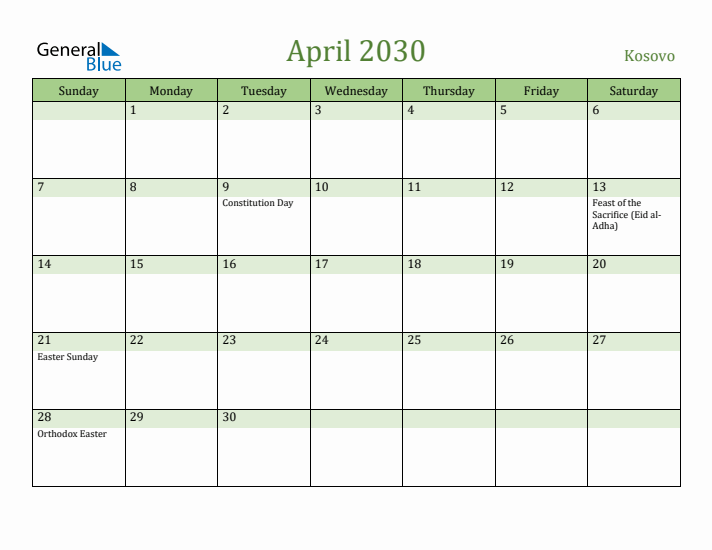 April 2030 Calendar with Kosovo Holidays