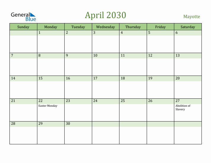 April 2030 Calendar with Mayotte Holidays