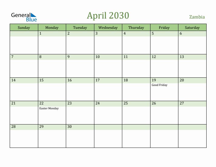 April 2030 Calendar with Zambia Holidays
