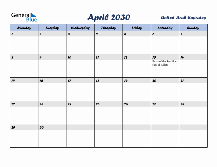 April 2030 Calendar with Holidays in United Arab Emirates