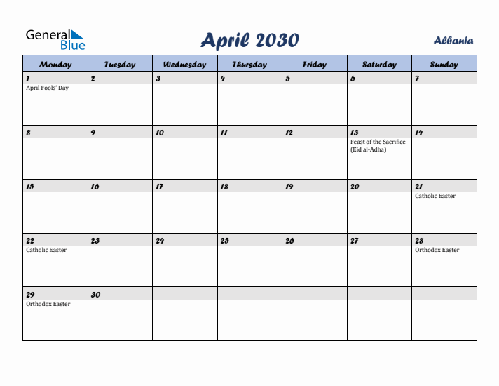 April 2030 Calendar with Holidays in Albania