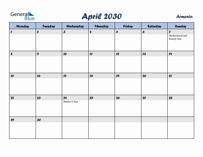 April 2030 Calendar with Holidays in Armenia