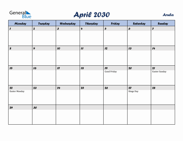 April 2030 Calendar with Holidays in Aruba