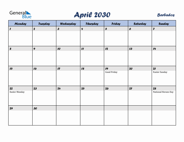 April 2030 Calendar with Holidays in Barbados