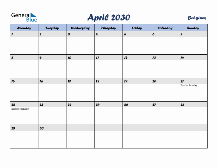April 2030 Calendar with Holidays in Belgium