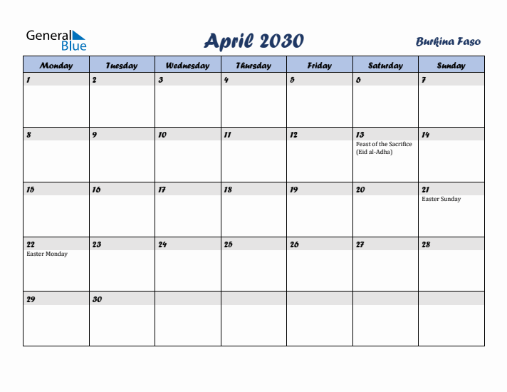 April 2030 Calendar with Holidays in Burkina Faso