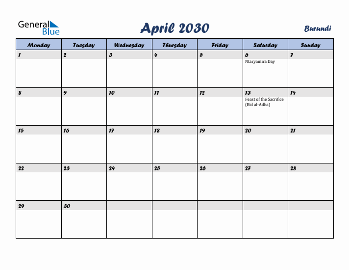 April 2030 Calendar with Holidays in Burundi